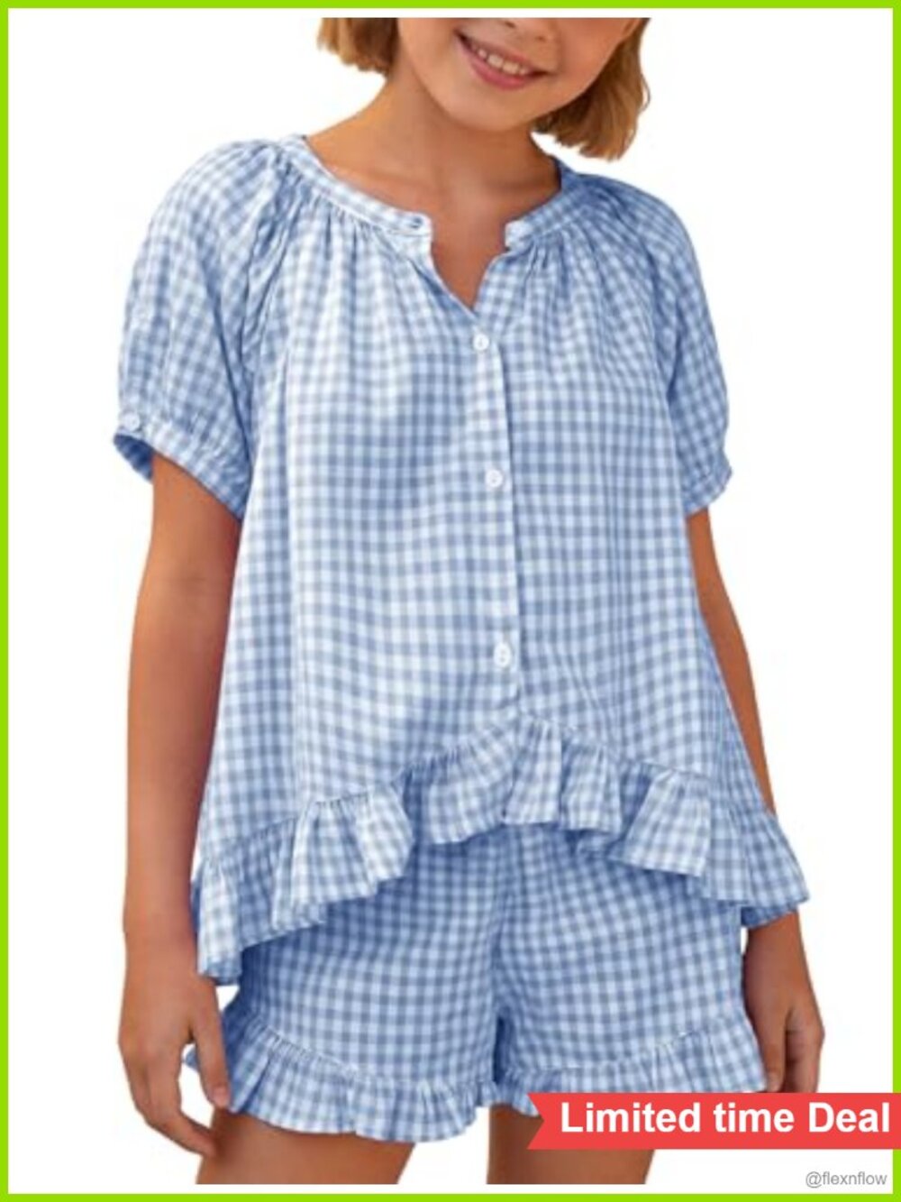 Girls Cotton Gingham 2 Piece Shorts Set Ruffle Summer Outfit